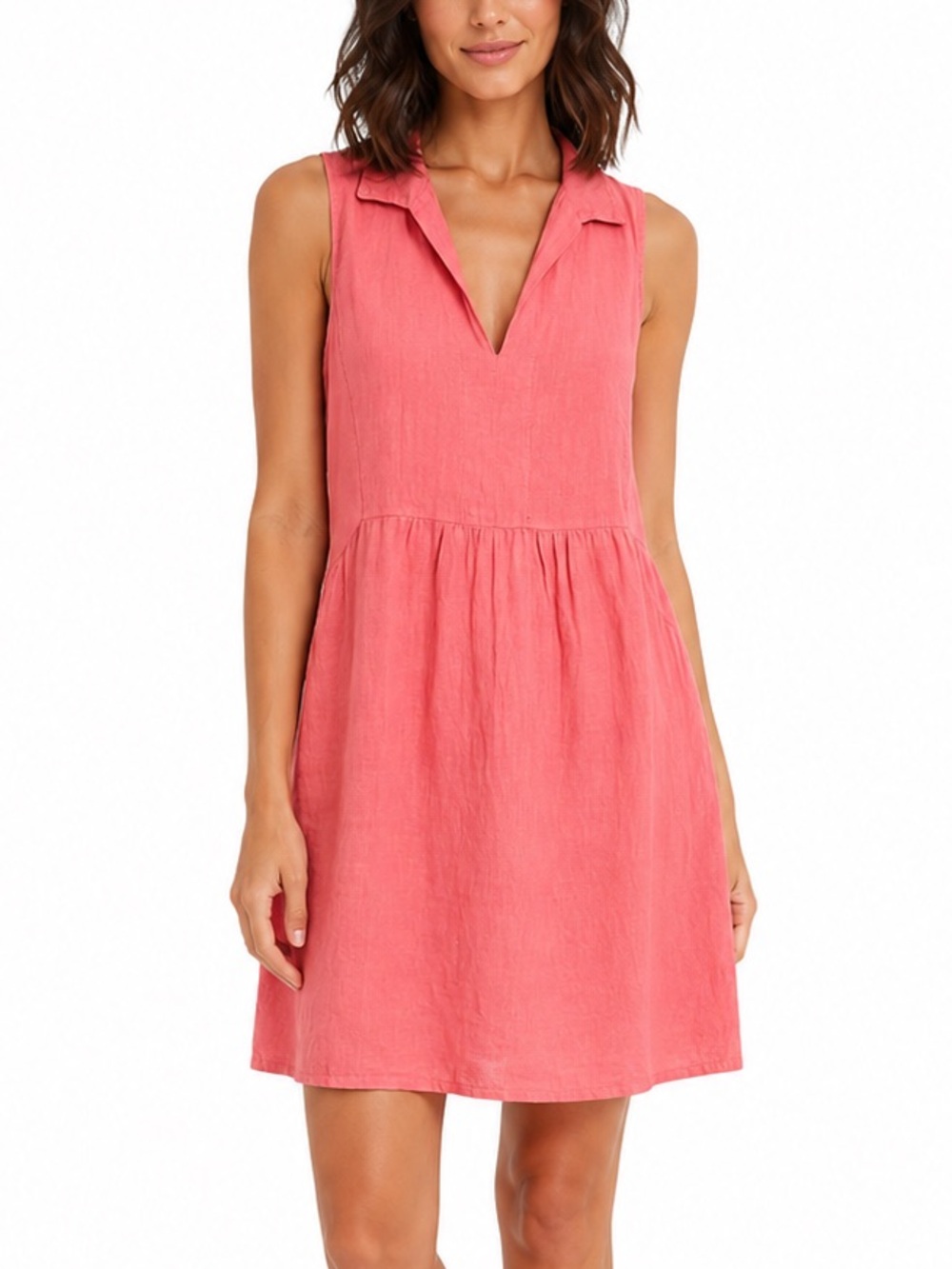 Terzo Millennio Italian Linen Sleeveless Collared Mini Dress Coral Medium